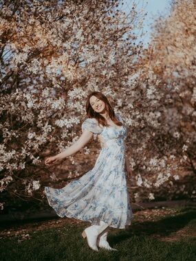 Whimsical Floral Blue Midi Dress with Puff Sleeves